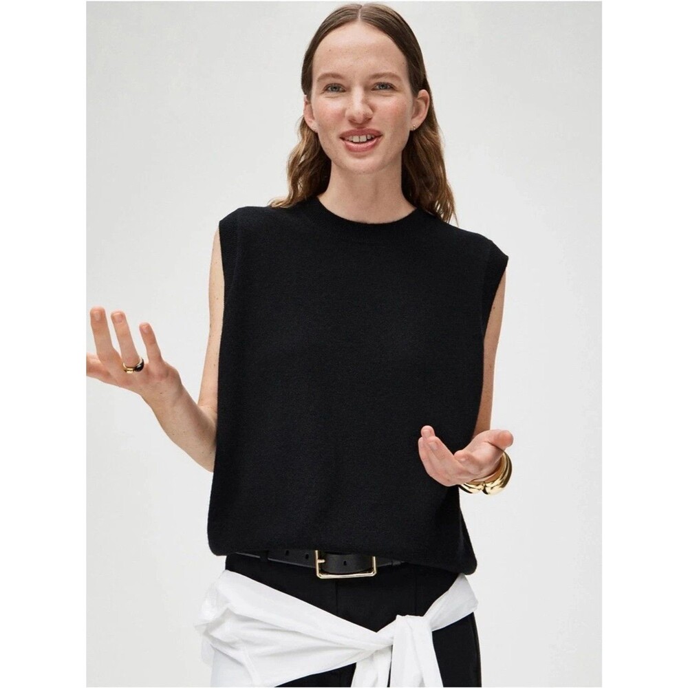 J.CREW Cashmere Sweater Shell L Black Button Back Layering Soft NWT B44